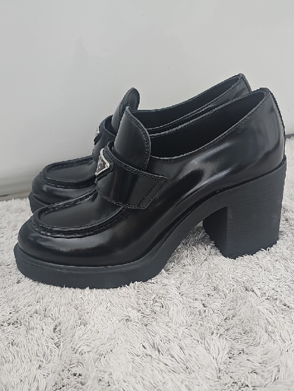 Prada Black Heeled Loafers with Silver Logo Triangle - Picture 3 of 10